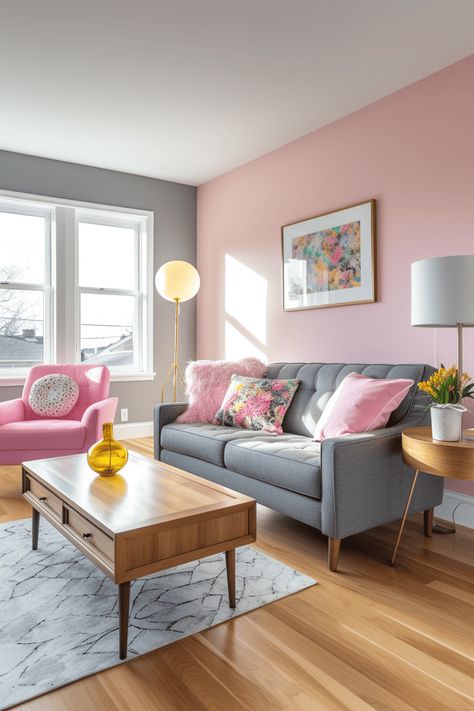 Pink and Grey Living Room Ideas: Light Stained Furniture Pink Modern Interior Design, Pink And Grey Studio Apartment, Pink Modern Living Room, Gray And Pink Living Room Decor, Light Room Color Ideas, Light Pink Living Room Walls, Light Pink Walls Living Room, Pink And Grey Living Room Ideas, Pink Wall Living Room