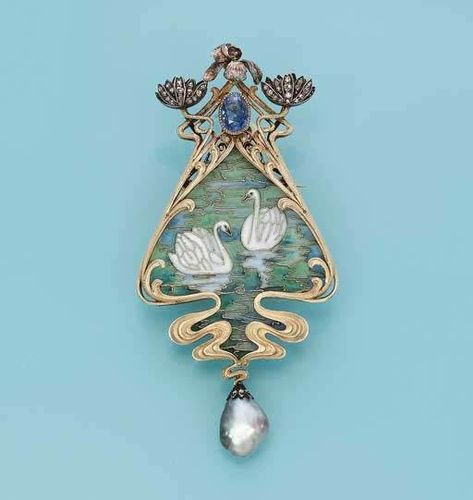 AN ART NOUVEAU ENAMEL AND GEM-SET PENDANT/BROOCH, BY ROBERT KOCH Two Swans, Bijoux Art Deco, Design Art Nouveau, Bijoux Art Nouveau, Gold Pearl Jewelry, Handmade Gold Jewellery, Antique Gold Jewelry, Gold Jewelry Sets, Egyptian Jewelry