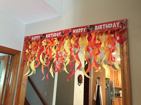 Fire Fighter Theme Party, Birthday Party Firefighter, Firefighter Party Decor, Fireman Birthday Party Decorations, Fire Department Trunk Or Treat, Fire Themed Party Decoration, Fireman 3rd Birthday Party, Fireman Party Ideas, Fire Party Decorations