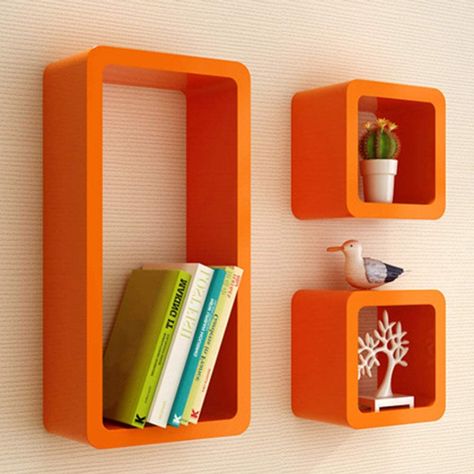 Floating Wall Storage, Colorful Wall Shelf, Funky Floating Shelves, Colorful Wall Shelves, Funky Wall Shelves, Cool Wall Shelves, Colorful Floating Shelves, 70s Shelves, 70s Room Ideas