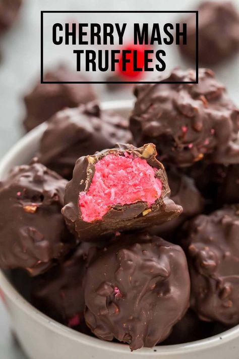 These Cherry Mash Truffles are a delicious copycat recipe of Cherry Mash candy featuring a soft cherry center, covered in chocolate peanut coating. #cherrymash #candy Cherry Mash Candy, Cherry Mash Candy Recipe, Cherry Mash, Chocolate Covered Cherries Recipe, Strawberry Blondie, Scream Christmas, Delight Dessert, Cherry Delight, Making Candy