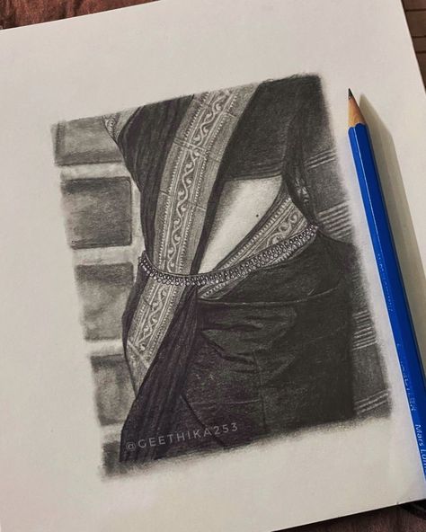 Aesthetic Shading Drawing, Saree Drawing Sketches Pencil, Girl In Saree Drawings, Art Sketches Pencil Creative Inspiration, Saree Designs Drawing, Saree Art Drawing, Saree Pencil Drawing, Girl In Saree Sketch, Art Drawings Ideas Creative Sketchbooks