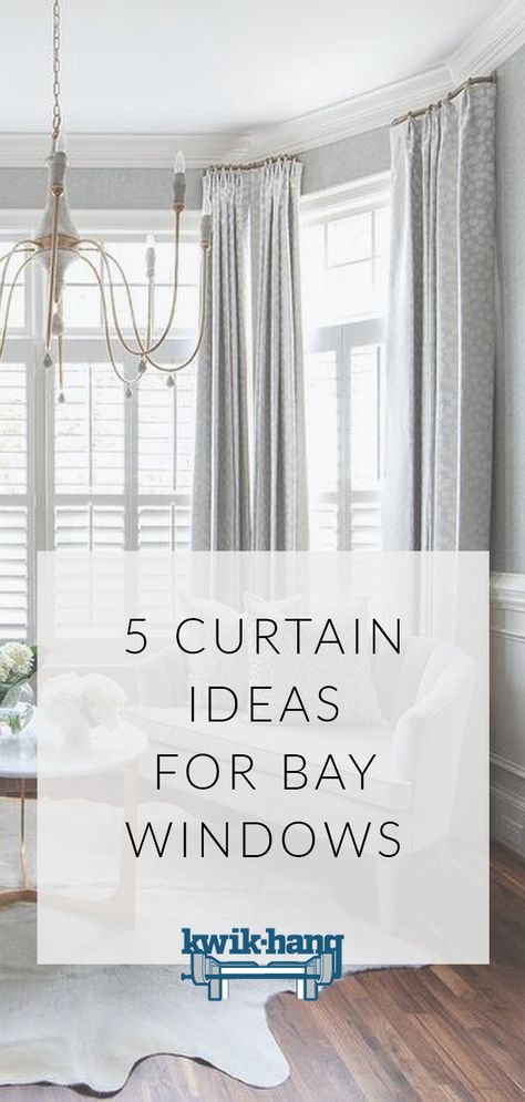 Spotlight on bay window decor! Check out bay window treatments and bay window curtain ideas to decorate your living room, sitting room, dining room or bedroom today. For more curtain tips, curtain inspiration and home decor ideas, visit us at www.kwikhang.com. Curtain Ideas For Bay Windows, Ideas For Bay Windows, Bay Window Curtains Living Room, Bay Window Curtain Ideas, Bow Window Treatments, Bay Window Bedroom, Bay Window Decor, Bay Window Blinds, Living Room Bay Window