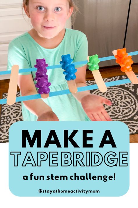 Using just a few supplies around the house, you can challenge your child to make a tape bridge. This fun preschool STEM activity by Stay at Home Activity Mom focuses on problem-solving, fosters curiosity and creativity, and works on fine motor skills! Click to see the activity in action and learn more today. Science Gross Motor Activities, Steam Learning Activities, Stem Centers For Preschool, Stem Preschool Crafts, Steam Ideas For Kindergarten, Preschool Stem Building Activities, At Home Stem Activities For Kids, Challenges For Preschoolers, Summer School Stem Activities