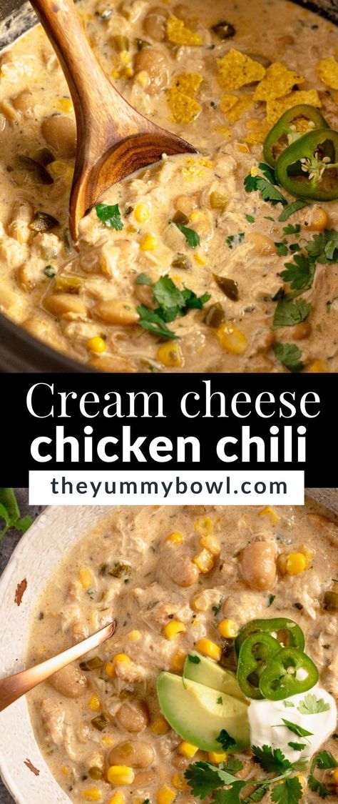 It is an easy and healthy version of crock pot chicken chili with cream cheese. Perfect for 4 servings and any leftovers can be refrigerated, it tastes better on the next day too! Chicken Chili With Cream Cheese, Chili With Cream Cheese, Crock Pot Chicken Chili, Chili Slow Cooker, Chicken Chili Soup, Cream Cheese Chicken Chili, White Chicken Chili Slow Cooker, Ms Recipes, Chicken Chili Crockpot