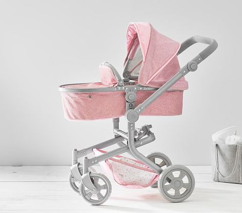 Pink Glitter Convertible 3-in-1 Baby Doll Stroller | Doll Accessories | Pottery Barn Kids Baby Doll Diaper Bag, Baby Doll Furniture, Doll Bassinet, Doll High Chair, Baby Doll Strollers, Doll Stroller, Convertible Stroller, Bb Reborn, Baby Doll Nursery