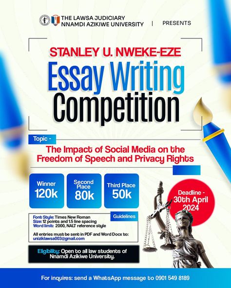 Flyer Designs I created for an Essay Competition…. Which of the slides is more lovelier? What do you think about this project? If good visuals is something you find important for your brand? Send a DM or Message us on WhatsApp +2348148468727, let’s start working together ✅ Want to see my post again?? Follow @abulographix Follow @abulographix #thriink #designathon #designingwithabrief #weektwo #hairvendor #graphicdesign #flyerdesign #graphicdesigner #flyerdesigner #socialmedia #socia... Essay Writing Competition, Essay Competition, Writing Competition, Flyer And Poster Design, Hair Vendor, Law Student, Whatsapp Message, Freedom Of Speech, Working Together