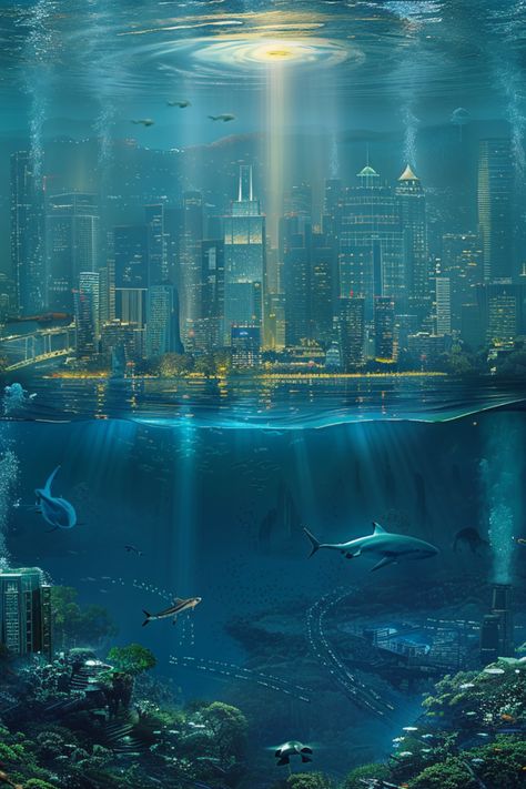 /imagine an underwater city with a light source on the sea bed that illuminates the city. There are other sea creatures swimming around the city. We can see trees, rivers and mountains in this underwater world. The art style is hyper realistic. --v 6.0 - Image #4 Fantasy Underwater City Concept Art, Underwater City Map, Underwater City Aesthetic, Underwater Transportation, Sea World Aesthetic, Belize Painting, Underwater City Concept Art, Underwater City Fantasy Art, Sea Concept Art