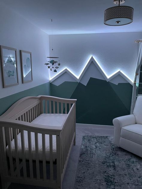 Modern Decor Inspiration, Attic Room Nursery Sloped Ceiling, Light Up Mountain Wall Decor, Coolest Nursery Ideas, Textured Walls Nursery, Baby Boy Nursery Accent Wall Paint, Gender Neutral Star Wars Nursery, Night Forest Nursery, Nursery Ideas Painting