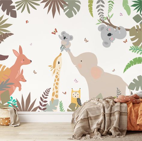 Diy Nursery Mural, Animal Wall Painting, Kids Bedroom Wallpaper, Nursery Wall Painting, Baby Nursery Design, Wall Stickers Animals, Baby Room Themes, Floral Wall Decals, Animal Mural