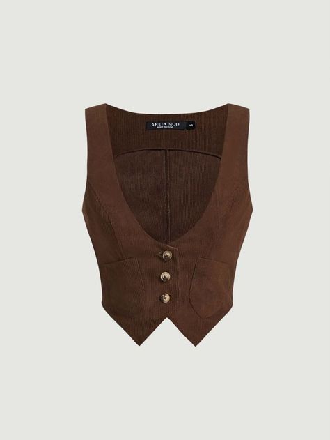 SHEIN MOD Button Front Crop Vest Without Blouse | SHEIN Brown Womens Vest, Satyr Cosplay, Brown Vest Outfit, Gilet Outfit Women, Outfit Marrone, Brown Vest Women, Crop Vest, Corset Vest, Outfit Png