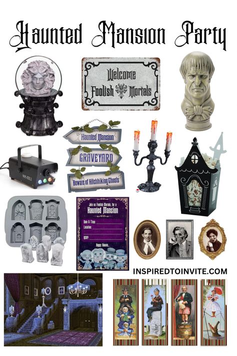 Invite your foolish mortals over for a Haunted Mansion Party for Halloween this year! #hauntedmansion #halloweenparty #halloweenpartyideas #halloweenpartydecorations #halloweenpartydecor #partyideas Halloween Party Haunted Mansion, Haunted Mansion Party Favors, Haunted Mansion Decor Ideas, Haunted Mansion Birthday Party Ideas, Haunted Mansion Office Decor, Haunted Mansion Themed Party, Haunted Mansion Food Ideas, Haunted Mansion Party Ideas, Haunted Mansion Birthday Party