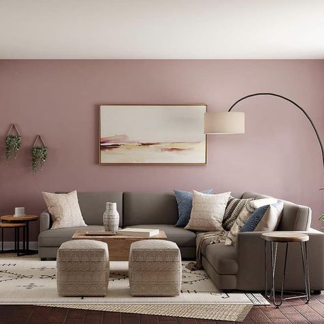 Dusty Rose Living Room Ideas, Mauve Pink Walls, Dusty Pink Living Room Walls, Grey And Mauve Living Room, Mauve Wall Color Bedroom, Mauve Walls Living Room, Mauve Home Decor, Mauve Bedroom Walls Paint, Mauve Room Paint