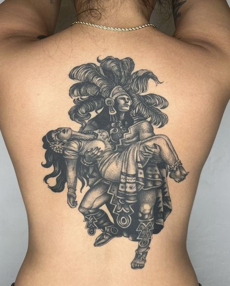 @therealrosario on insta !! Aztec Back Piece Tattoo, Skeleton Women Tattoo, Mayan Calander Tattoos, Mexican Spine Tattoos For Women, Mexican Theme Tattoo Sleeve, Aztec Back Tattoo Women, Mexican Feminine Tattoo, Mexican Back Tattoo Women, Mexican Goddess Tattoo