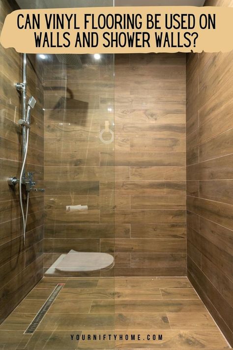 Can Vinyl Flooring Be Used On Walls And Shower Walls? Learn more about vinyl floor installation hacks, designs, types, sizes, materials, price, where to buy, and DIY hacks. Cheap Shower Wall Ideas, Cabin Shower Ideas, Diy Vinyl Flooring, Tiny House Shower, Vinyl Bathroom Flooring, Flooring On Walls, Rustic Bathroom Shower, Vinyl Flooring Bathroom, Floor Makeover