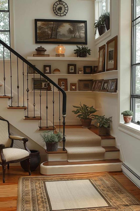 40 Unique Staircase Landing Ideas to Maximize Space Cool Staircases Creative, Up Stairs Living Room Ideas, Staircase Design Cottage, Country Home Staircase, Top Of Steps Landing Decor, Small Stair Landing Ideas, Entryway Near Stairs, 1920s Staircase, Tall Stairwell Wall Ideas