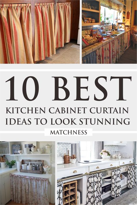 10 Best Kitchen Cabinet Curtain Ideas to Look Stunning ~ Matchness.com Bottom Kitchen Cabinets With Curtains, Diy Curtain Cabinet Doors, No Cabinet Doors Kitchen, Kitchen Cabinet Without Doors, Kitchen Cabinets Without Doors Ideas, Curtains For Cabinet Doors, Curtains For Cupboard Doors, Curtains As Cabinet Doors, Cabinet Without Doors Ideas