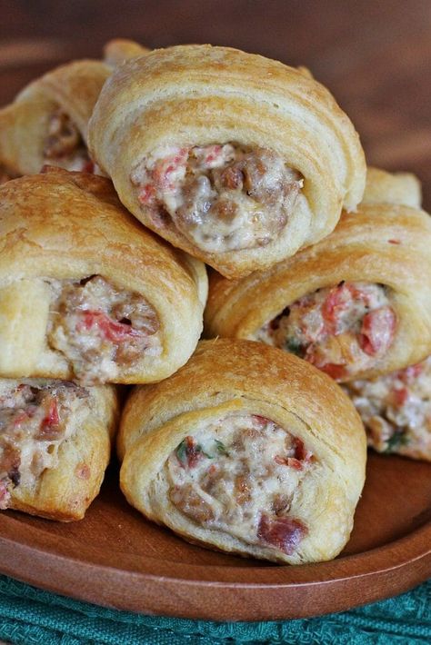 Croissant Sausage Cream Cheese, Ground Sausage Recipes Appetizers, Rotel Cream Cheese Crescents, Rotel Sausage Cream Cheese Croissant, Cream Cheese Rotel Sausage Balls, Ground Sausage Appetizer Recipes, Sausage Croissant Rolls, Sausage Pinwheels Cream Cheese, Rotel Sausage And Cream Cheese Crescents