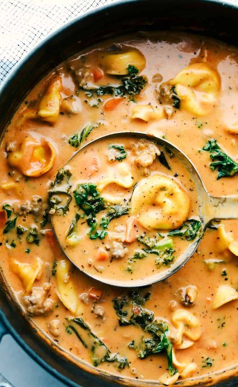 Sausage Tortellini Soup – Juvenile Journey The Best Soup Recipes Ever, Tortellini Soup Creamy, Creamy Sausage Tortellini Soup, Creamy Sausage Tortellini, Sausage Tortellini Soup, Crockpot Pasta, Salad Kale, Soup Creamy, Chicken Tortellini Soup