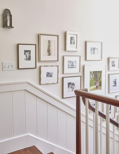 Shiplap Staircase Trim with Photo Wall - Cottage - Entrance/foyer Shiplap Staircase, تحت الدرج, Stair Paneling, Hallway Gallery Wall, Hallway Pictures, Narrow Hallway Decorating, Gallery Wall Layout, Family Photo Wall, Photo Deco