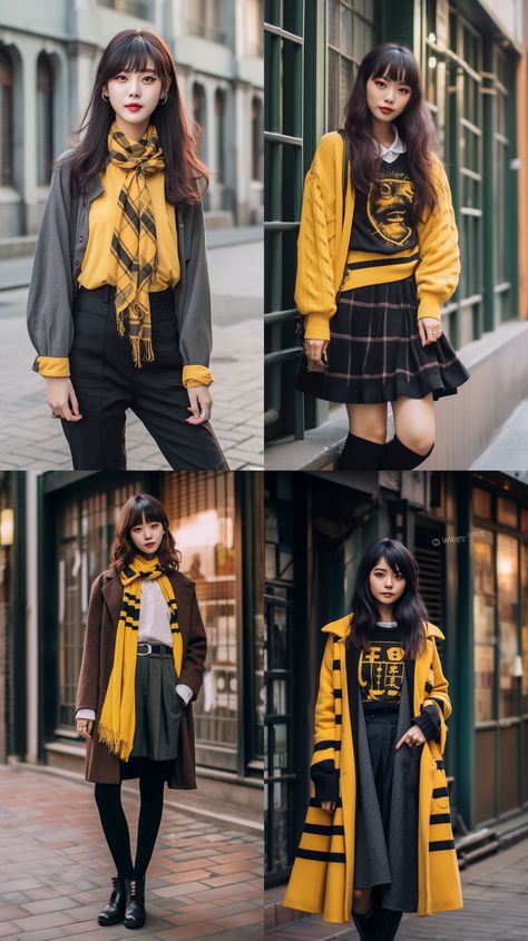 Harry Potter Hufflepuff Outfits, Hufflepuff Academia, Harry Potter Outfits Hufflepuff, Hufflepuff Outfit Ideas, Hufflepuff Aesthetic Outfits, Hufflepuff Inspired Outfits, Senior Trip Outfits, Harry Potter Ravenclaw Outfits, Hufflepuff Dress