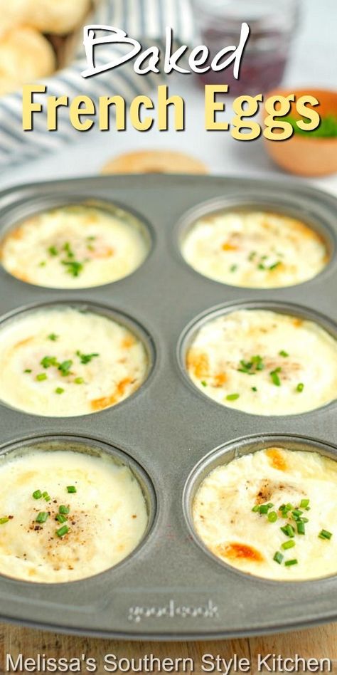 French Baked Eggs In Muffin Tin, Egg Dishes For Dinner, Egg Dishes For Breakfast, French Baked Eggs, Baked Egg Recipes, Brunch For 2, Eggs In A Muffin Tin, Breakfast For 2, Eggs Brunch