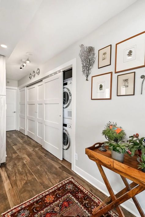 Washer And Dryer In A Closet, Washer Dryer In Hallway, Concealed Washer And Dryer, Hallway Washer And Dryer Ideas, Hidden Hallway Storage, Laundry In Hallway, Hallway Laundry Closet, Washer And Dryer In Closet, Bathroom Washer Dryer