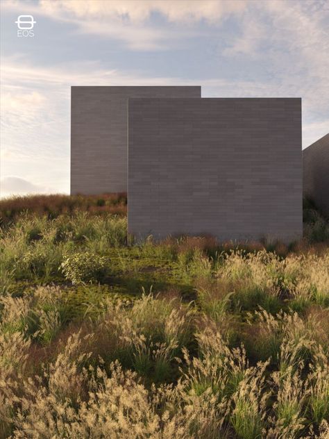 Photorealistic Rendering of Glenstone Museum. 3D model and rendering by EOS Visions. Full CGI. The concrete blocks have an intentionally varied tint, achieved by mixing different amounts of cement in the mixture. Photorealistic Rendering, Living Styles, Concrete Blocks, Eos, Cement, Outdoor Decor, Home Decor, Home Décor, Nature