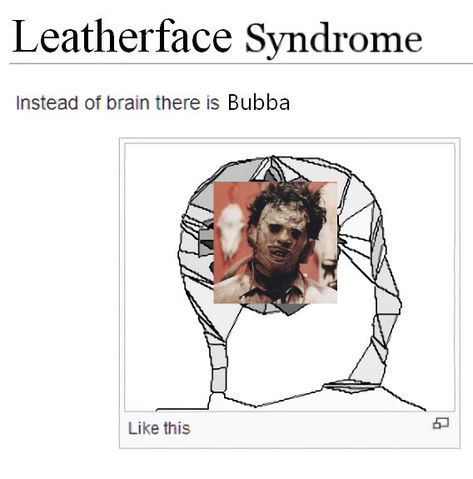 a fake screenshot of a wikipedia page. text reads "leatherface syndrome: instead of brain there is bubba" along side an image of leatherface from the 1974 movie "the texas chainsaw massacre". Guys In Grey Sweatpants, Bubba Sawyer, Scary Movie Characters, Horror Villains, Slasher Movies, Texas Chainsaw, Chain Saw, Movie Memes, Horror Movie Art