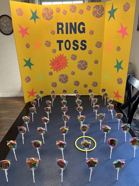 Sucker Ring Toss Game, Mini Carnival Games Booth Ideas, Carnival Game Ideas For Kids, Office Carnival Party Ideas, Birthday Party Games For Kids Indoor Age 5, Carnival Games Christmas, Candyland Themed Games, Carnival Games Birthday Party, Fun Festival Games