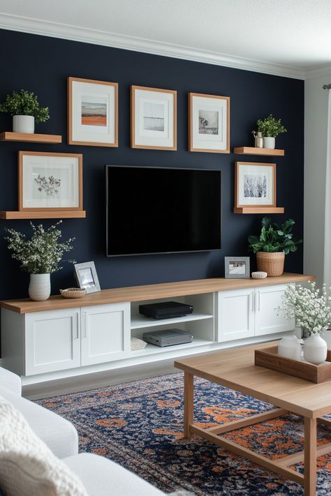 15 Stunning Accent Wall Ideas for Your Living Room – Everyday Inspo Pattern Wall Living Room, White Living Room With Navy Accents, Long Wall Tv Decorating Ideas, Living Room Decor Basement, Wall Art By Tv, Living Room Designs Blue Accents, Gray Room Accent Wall, Decorate A Wall Ideas Living Rooms, Tv Wall Decorations For Living Room