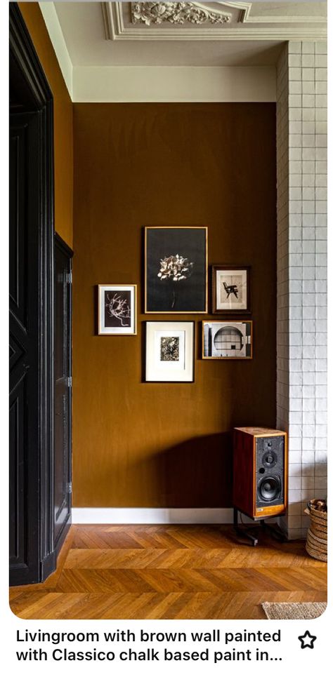 Ochre Ceiling Paint, Dark Gold Paint Color, Cognac Wall Paint, Brown Walls Black Furniture, Brown Painted Molding, Brown Foyer Walls, Golden Brown Wall Paint, Deep Brown Wall Paint, Bronze Paint Color Accent Walls