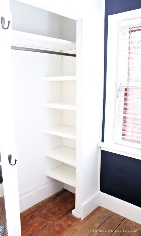 Making The Most Out Of A Small Closet, Shelving Ideas For Small Closets, Mounting Closet Shelves, Closet With Side Shelves, Small Closet Ideas Couples, Diy Wardrobe Shelves, Closet Diy Shelving, Add Shelf To Closet, Walk In Storage Closet Organization