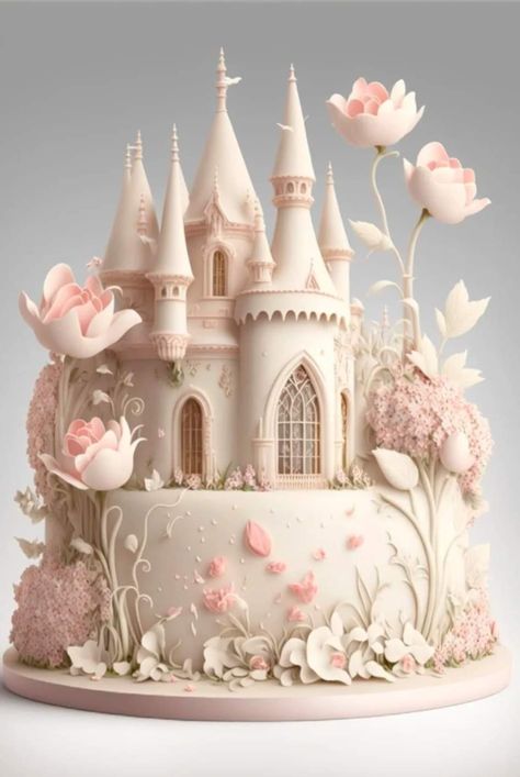 Castle Cakes, Cake With Flowers, Fantasy Cake, Beautiful Cake Designs, Castle Cake, Creative Cake Decorating, Beautiful Birthday Cakes, Baby Birthday Cakes, Cake Decorating Designs