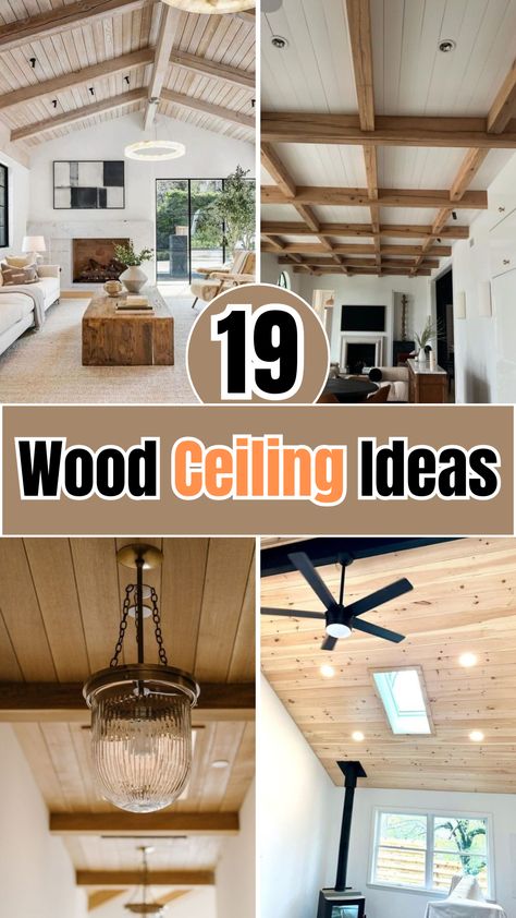 19 Wood Ceiling Ideas – The DIY Desire Rustic Wood Ceiling Ideas, Pine Ceiling Living Room, Wood On Ceiling Ideas, Wood Beams On Ceiling Living Room, Rustic Ceiling Ideas, Vaulted Ceiling With Wood Beams, Wood Beams On Ceiling, Ceiling Beam Ideas, Diy Wood Ceiling