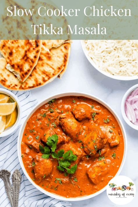 MUST-TRY easy slow cooker Indian recipe! Tender chicken marinated in aromatic spices is simmered in a delicious tomato-based curry for the best Indian meal. #ministryofcurry #indianrecipes #slowcookerindianrecipe Chicken Tikka Masala Crockpot, Slow Cooker Indian, Slow Cooker Chicken Tikka Masala, Easy Chicken Tikka Masala, Chicken Tikka Masala Recipes, Chicken Marinated, Indian Meal, Tikka Masala Recipe, Delicious Low Carb Recipes