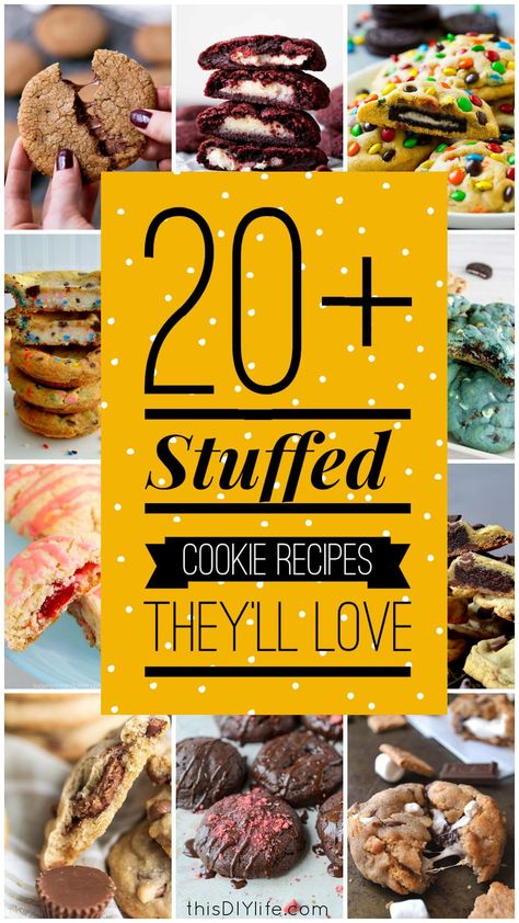 These are THE BEST Stuffed Cookies recipes! There are all sorts of exotic variations to try: Easter Creme Eggs. Rolo. Lindt Chocolates. Peppermint Patties. Your cookie game is going to be the envy of everyone and they won't resent that one bit because they'll be so busy eating your amazing creations. Stuffed Caramel Cookies, Candy Filled Cookies, Snickers Stuffed Cookies, Jumbo Stuffed Cookie Recipes, How To Make Stuffed Cookies, Christmas Stuffed Cookies, Stuffed Christmas Cookies, Loaded Cookies Recipe, 1 Dough Multiple Cookies