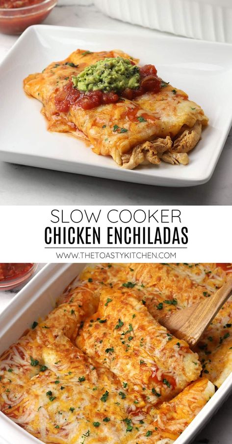 Slow cooker chicken enchiladas recipe by The Toasty Kitchen. Slow cooker chicken enchiladas are a fun and flavorful addition to your weekly dinner rotation. Tender shredded chicken, onion, chiles, and spices are cooked with enchilada sauce in the slow cooker, then rolled into tortillas and topped with more sauce and melty cheese. #slowcooker #chickenenchiladas #enchiladas #crockpot #dinnerideas Cheesy Chicken Enchiladas Crockpot, Shredded Chicken Enchiladas Crockpot, Crockpot Enchiladas Chicken, Crock Pot Chicken Enchiladas, Slow Cooker Chicken Enchiladas, Enchiladas Crockpot, Shredded Chicken Enchiladas, Internal Health, Crockpot Chicken Enchiladas