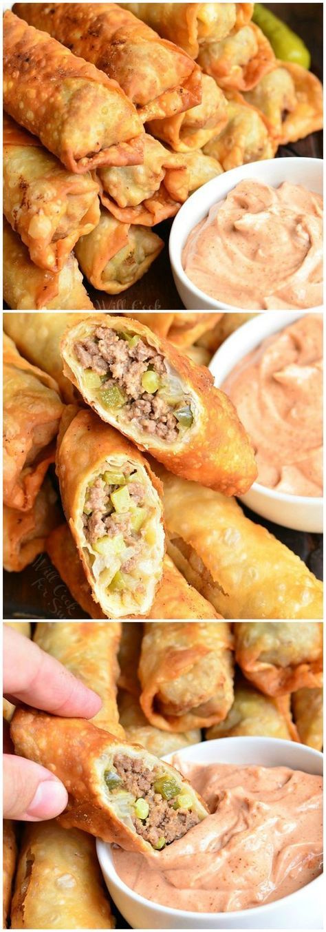 Cheeseburger Egg Rolls, stuffed with juicy ground beef, melted cheese, and pickles. from willcookforsmiles.com Cheesesteak Rolls, Food With Ground Beef, Eggroll Recipes, Cheeseburger Egg Rolls, Carnival Treats, Canned Veggies, Philly Cheesesteaks, Diy Easy Recipes, Egg Roll Recipes