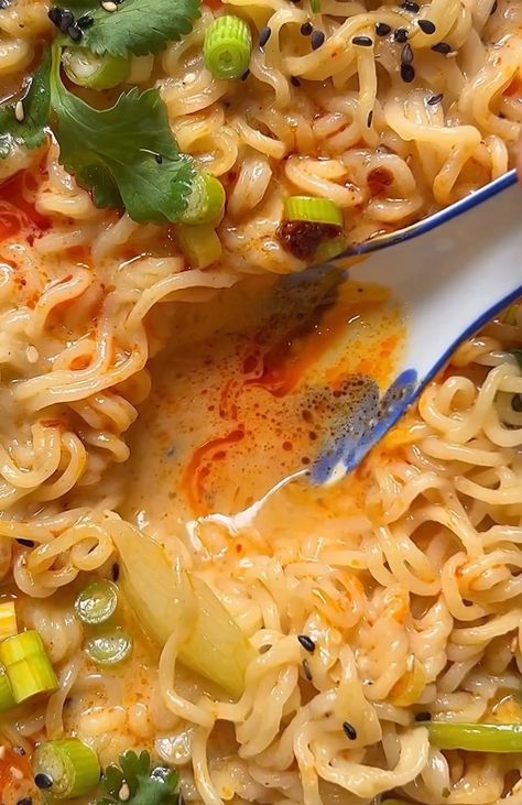 Unique Asian Recipes: Creamy, Nutty Miso Ramen Noodle Soup w Peanut Butter Creamy Miso Noodles, Ramen With Potstickers, Japanese Ramen Chicken, Creamy Nutty Noodle Soup, Ramen And Potstickers, Ramen Noodles With Wontons, Saucy Ramen Noodles, Creamy Wonton Soup, Peanut Noodle Soup