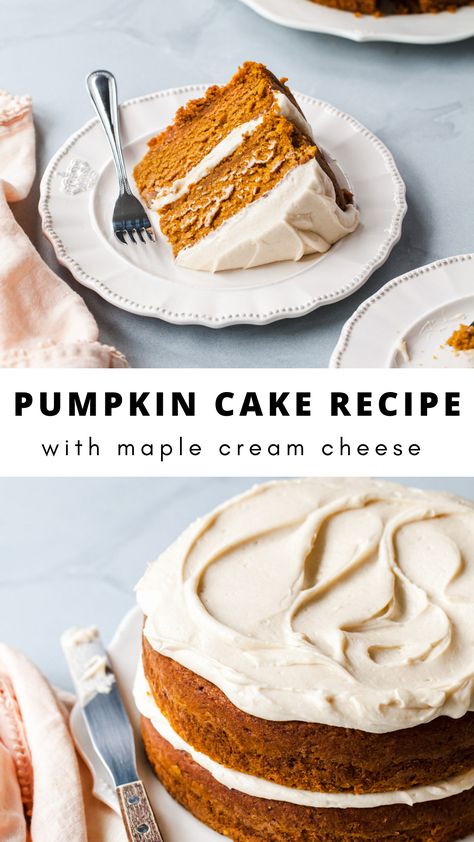 The Best Pumpkin Cake with Maple Cream Cheese Frosting. This two-layer cake doesn’t rely on any bells or whistles to get our mouths’ watering. The simplicity of its moist spice cake and swoops of tangy yet sweet maple cream cheese frosting is all it needs. Best Pumpkin Cake, Caramel Apple Spice Cake, Moist Spice Cake, Pumpkin Cake Recipe, Maple Cream Cheese Frosting, Maple Cake, Maple Cream Cheese, Apple Spice Cake, Birthday Dessert