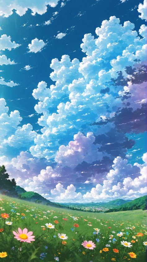 anime wallpaper, wallpaper hd, phone wallpaper, anime aesthetic, flowers field, beautiful clouds, anime landscape, background, studio ghibli Ghibli Background Aesthetic, Cute Pictures Wallpaper Beautiful Anime Art, Anime Landscapes Aesthetic, Clouds Anime Aesthetic, Anime Flowers Background, Anime Nature Wallpaper Hd, Summer Anime Background, Studio Ghibli Background Aesthetic, Anime World Background