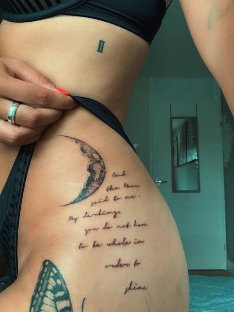 Discover the allure of Moon phase tattoos. We will explore the best designs and insights on choosing the ideal placement. Tattoos About Femininity, Tattoos With The Moon, Poems For Tattoos, Cute Word Tattoos For Women, Poem Tattoos Women, Tattood Bodies Woman, Moon Tattoo With Quote, Moon Back Tattoo Women, Moon Related Tattoos