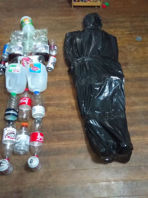 Trash Decoration Ideas, Inside Halloween Party Decorations, Mystery Decoration Ideas, Monster Mash Halloween Party Adults, Trash Bag Body Halloween, Halloween Trash Bag Ideas, Halloween Decor Table Ideas, Apocalypse Halloween Decor, Haunted House Decoration Ideas