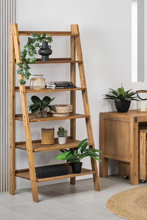 4 Tier Wooden Shelf, Book Shelf Living Area, Plant Station, Diy Ladder Shelf, Plant Ladder, Styling 101, Ladder Shelves, Jungle Bedroom, Study Spaces