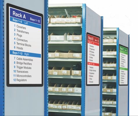 Organise your storage system. Magnetic display boards and wipe boards for shelving and racking. #organise #parts #store Warehouse Safety, Warehouse Layout, Warehouse Management System, Systems Design, Aisle Markers, Information Board, Floor Graphics, Display Frames, Display Boards