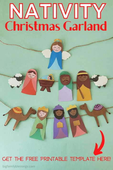 Mini Nativity Scene Diy, Diy Christian Christmas Decorations, Nativity Ornaments For Kids, Nativity Ornaments Diy, Christmas Garland Craft, Paper Nativity Scene, Nativity Preschool, Nativity Garland, Felt Nativity Scene