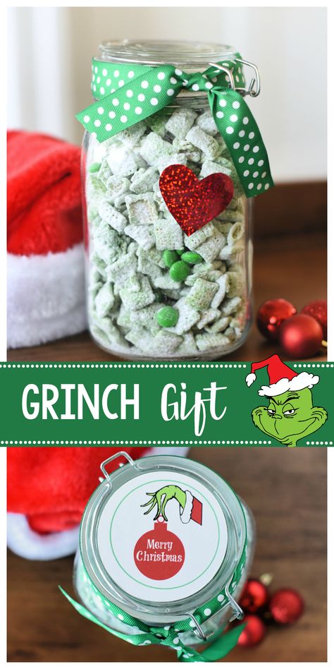 Grinch Gift Idea for Christmas-Fill a jar with this Grinch mix (peppermint muddy buddies) and add a red heart and this cute tag and you've got a fun gift for friends or neighbors! #grinch #merrychristmas #christmasgifts Christmas In A Jar, Christmas Jar Gifts, Muddy Buddies, Christmas Mason Jars, Mason Jar Gifts, Christmas Jars, Cadeau Diy, Neighbor Gifts, Homemade Christmas Gifts