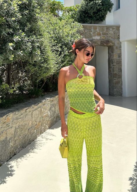 Matching summer set, crochet, lime green, beach outfit, vacation Green Beach Outfit, Crochet Lime, Beach Outfit Vacation, Brown Beach, Green Beach, Vacay Outfits, Summer Set, Fit Check, Green And Brown