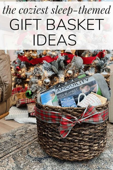 Blanket Gift Ideas Basket, Bedroom Gift Basket Ideas, Cozy Blanket Gift Basket Ideas, Gift Basket With Blanket Ideas, Sleep Basket Gift Ideas, Gift Basket Ideas With Blankets, Blanket Gift Basket Ideas Christmas, Blanket Basket Gift Ideas, Sleep Gift Basket Ideas